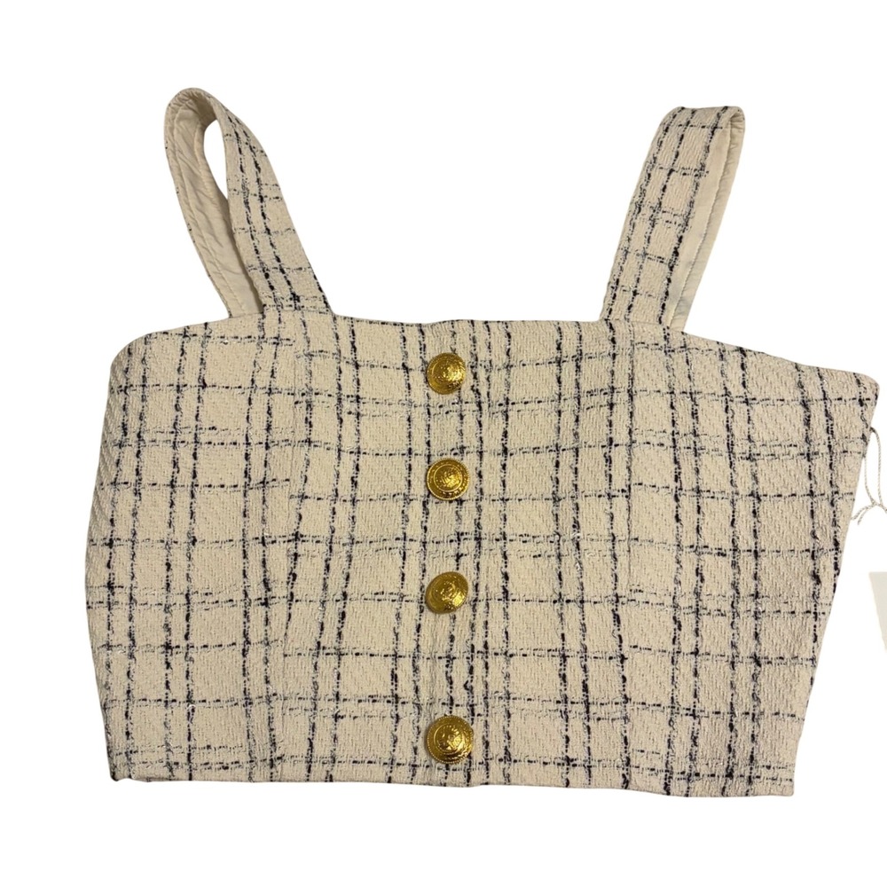 Bishop + Young Parker Tweed Top Windowpane Gold Button Crop Tank Ivory Black S